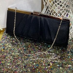 Black Satin hand clutch with chain - Jessica McCuntock